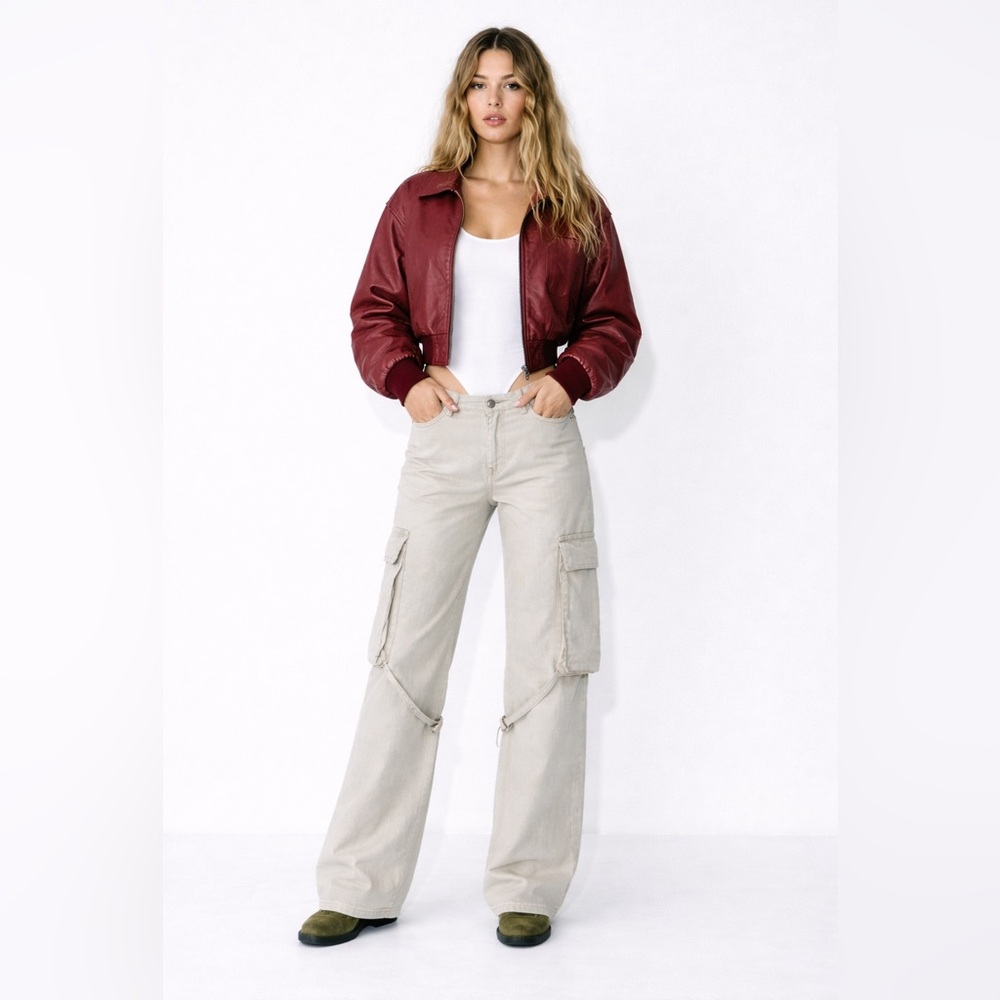 Zara Wine-Red Cropped Bomber Jacket